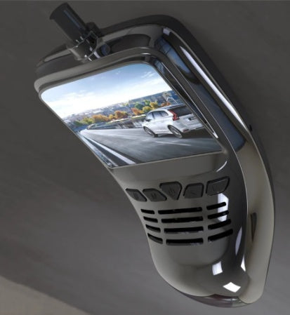 Car rearview mirror with built-in display showing a road scene.