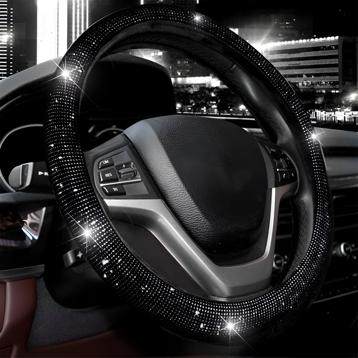 Diamond Rhinestone Steering Wheel Cover (Black, 37–38cm)
