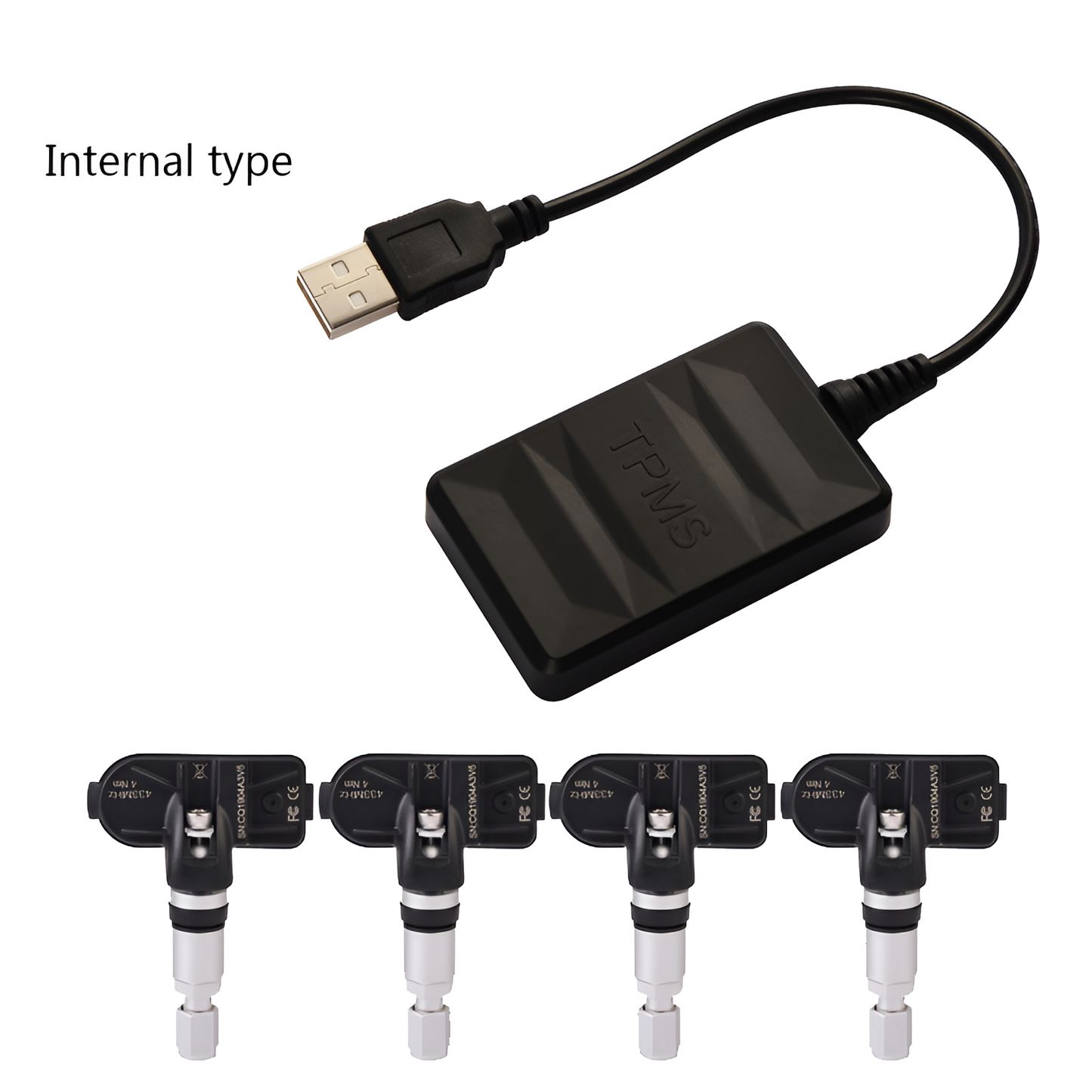 TPMS (Tire Pressure Monitoring System) with USB cable and tire pressure sensors on a white background
