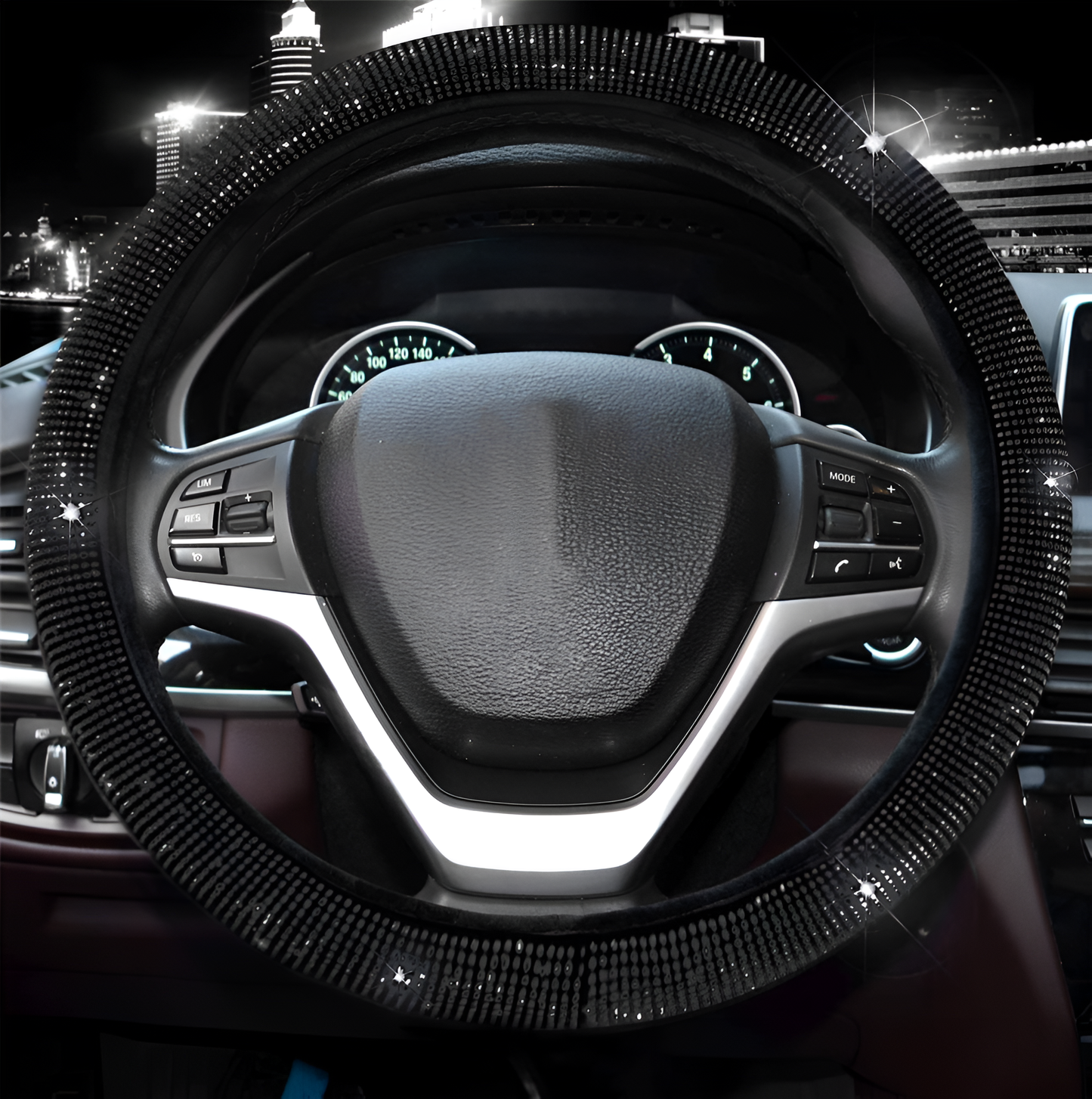 Diamond Rhinestone Steering Wheel Cover (Black, 37–38cm)