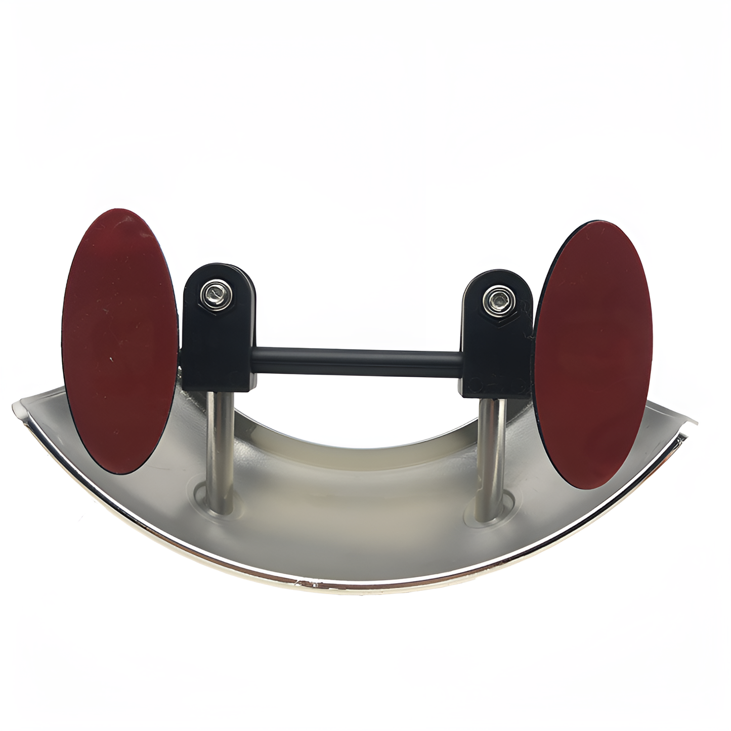 Metallic device with red circular components on a white background