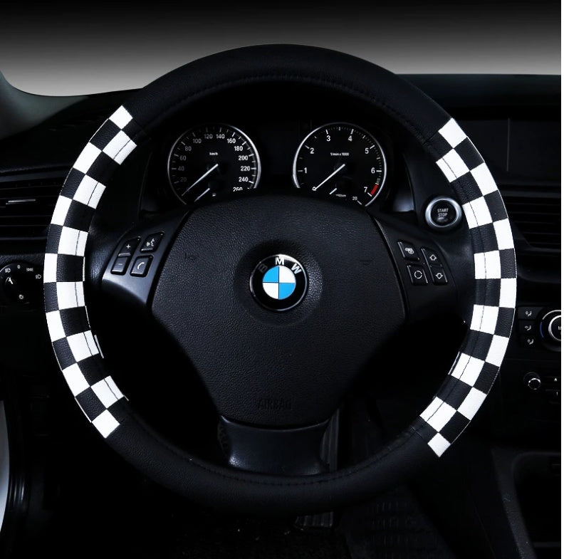 Plaid PU Leather Steering Wheel Cover (38cm)