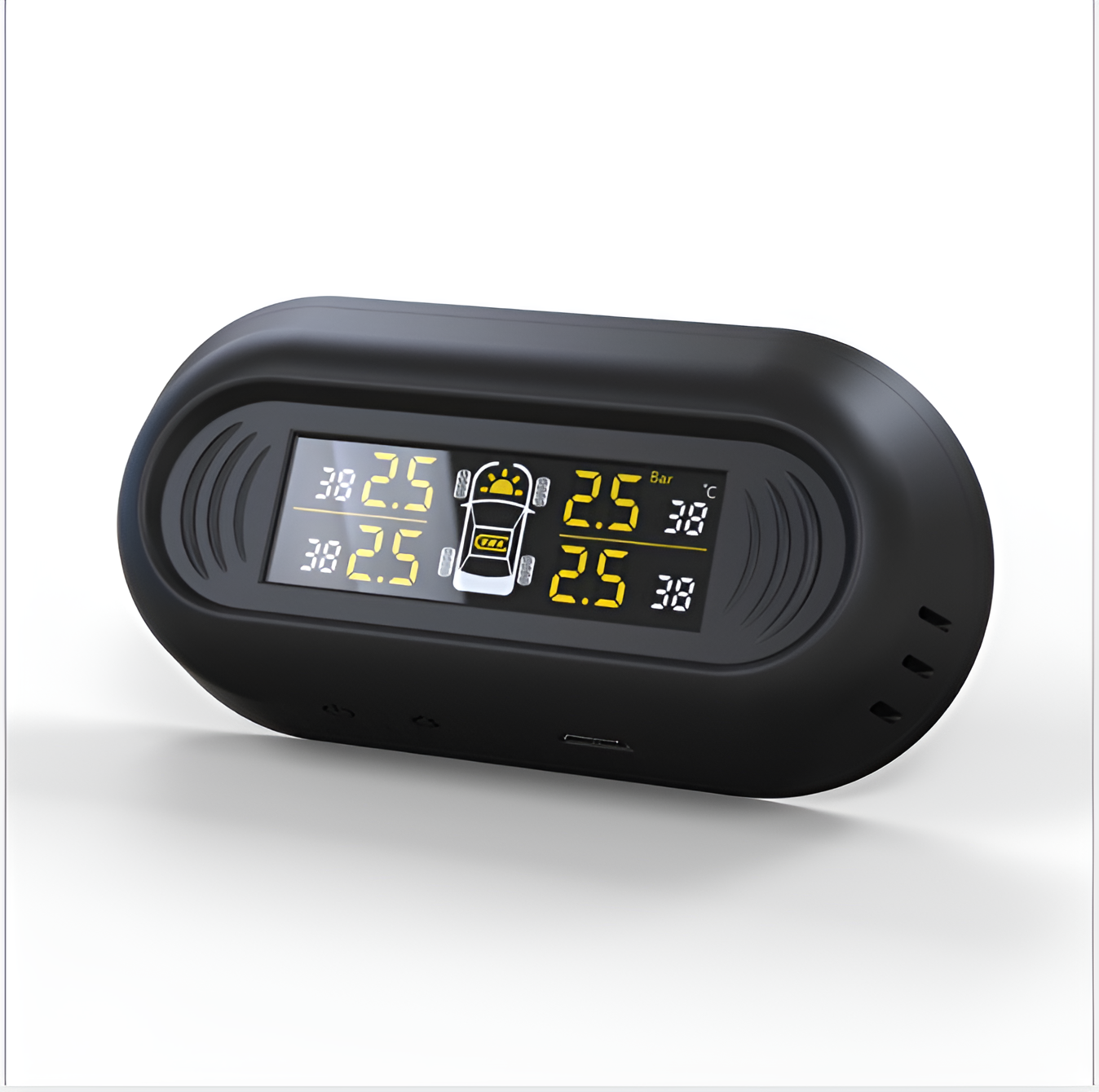 Black digital device with a display on a white background