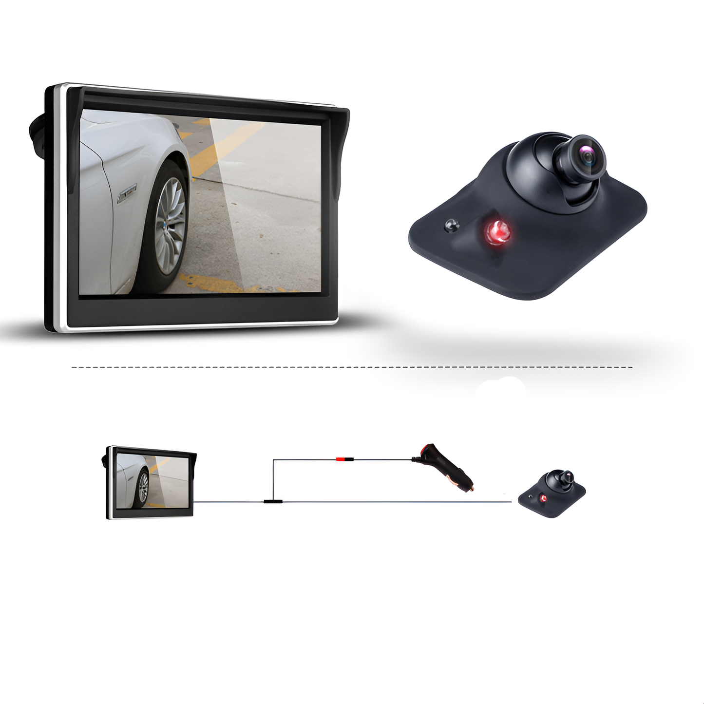 Car reverse camera system with monitor and additional sensors on a white background
