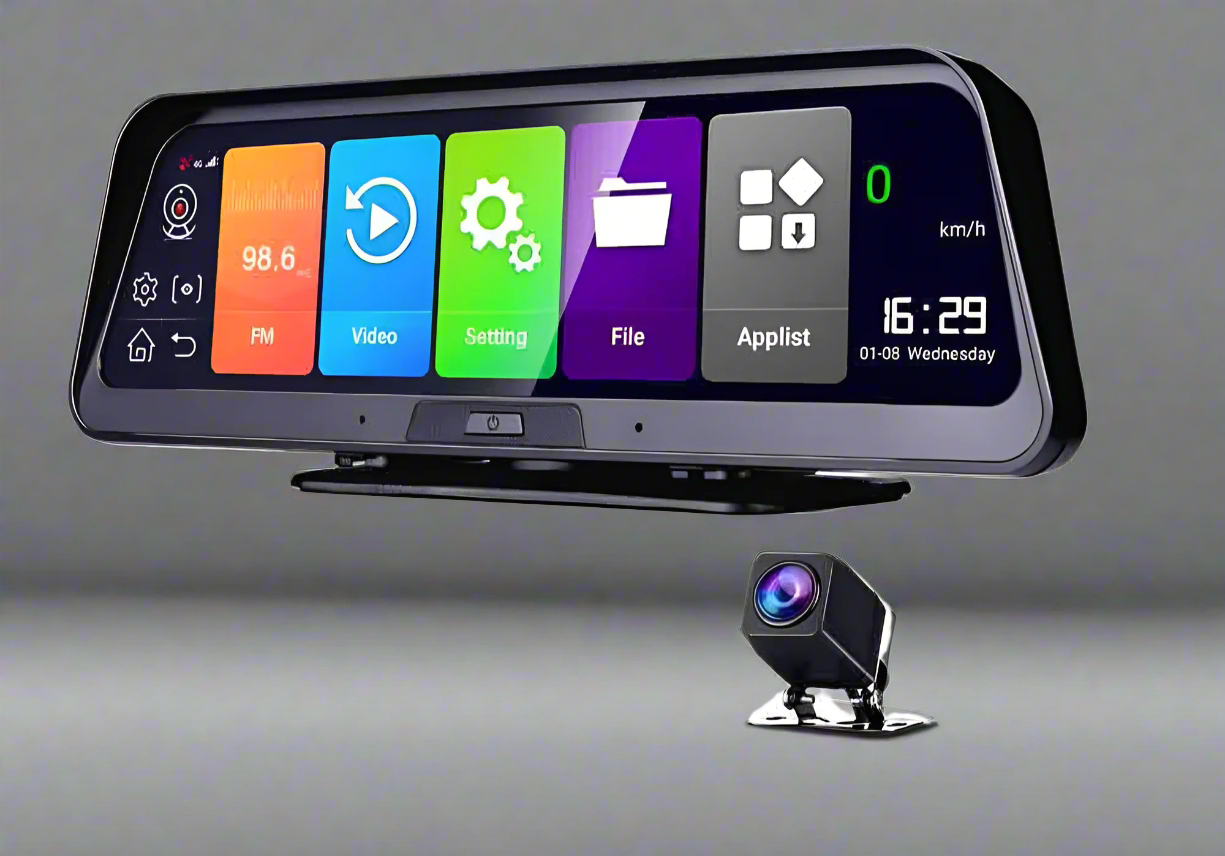 Car dashboard camera with touchscreen display and small external camera on a white background