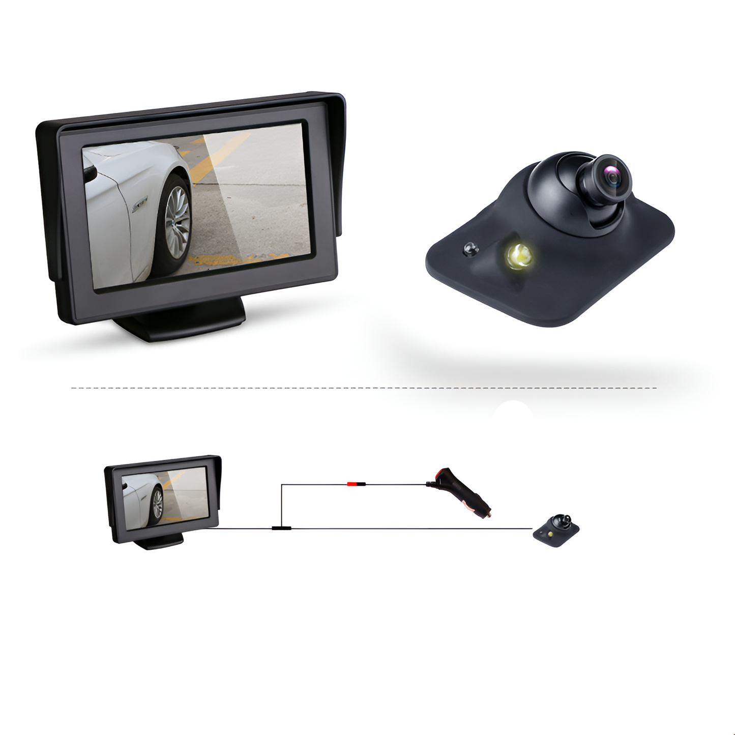 Car reverse camera system with monitor and connection diagram on a white background
