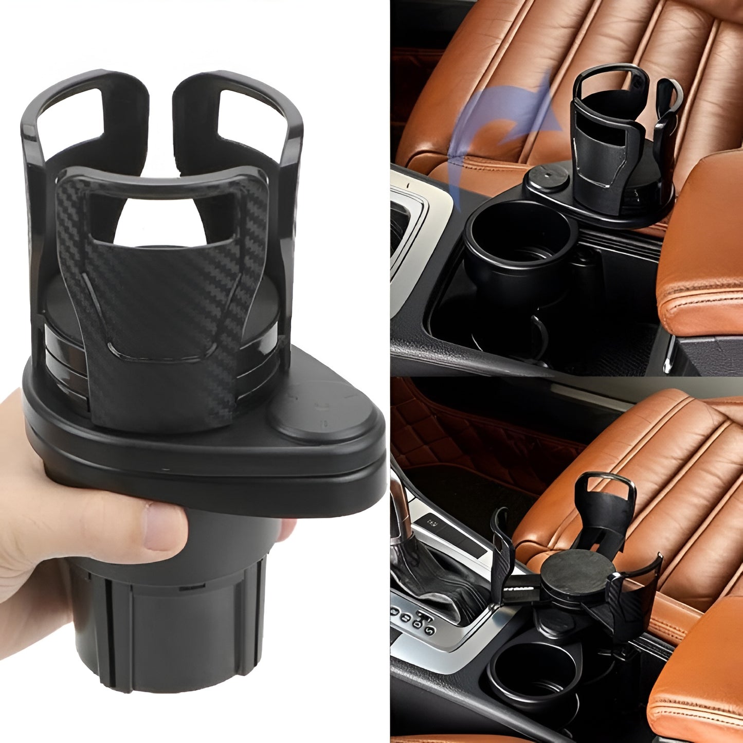 2-in-1 Rotatable Car Cup Holder Organizer, Dual Cup Mount with Storage Slots