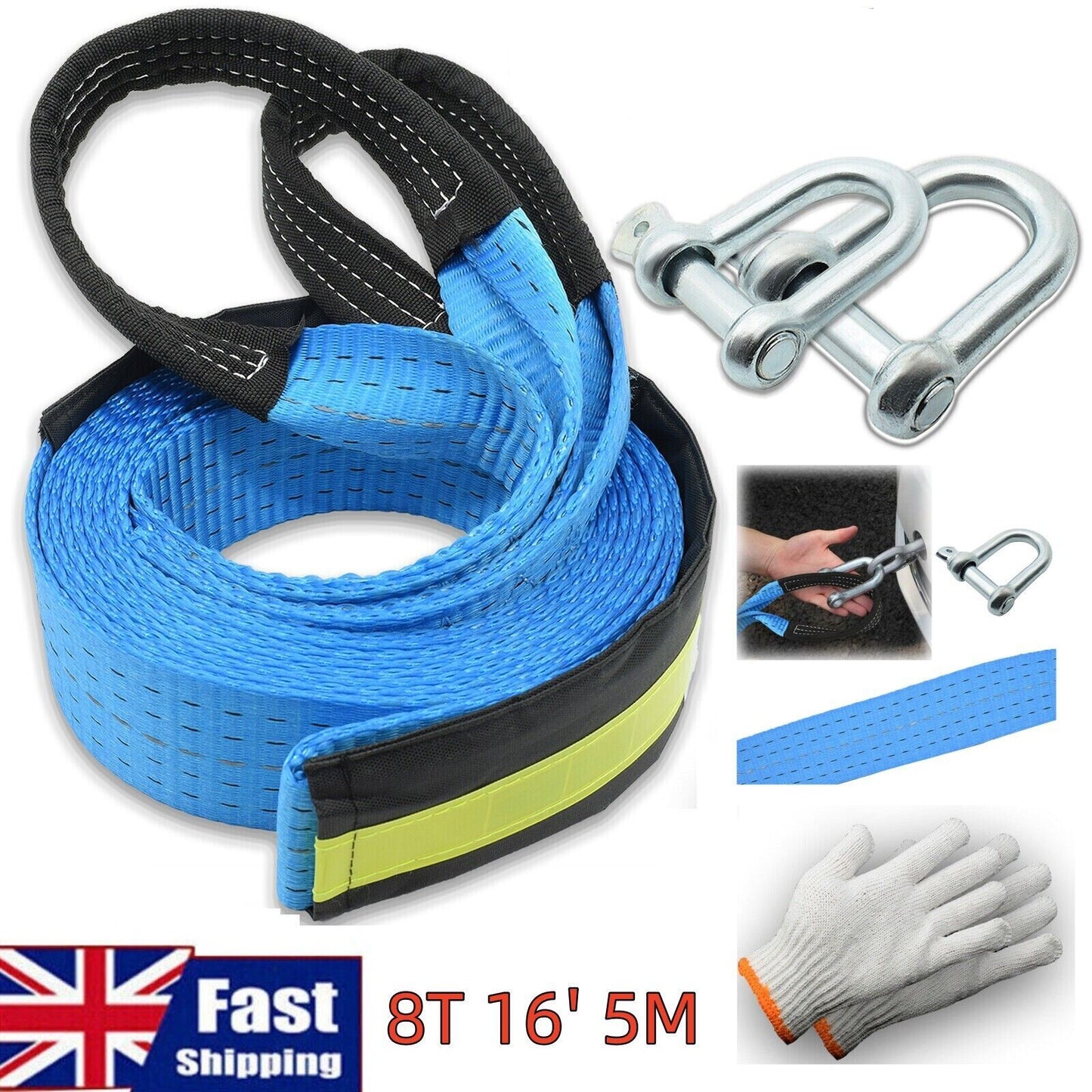 Heavy Duty 8T Tow Strap with U-Shaped Hooks & Gloves (5M)