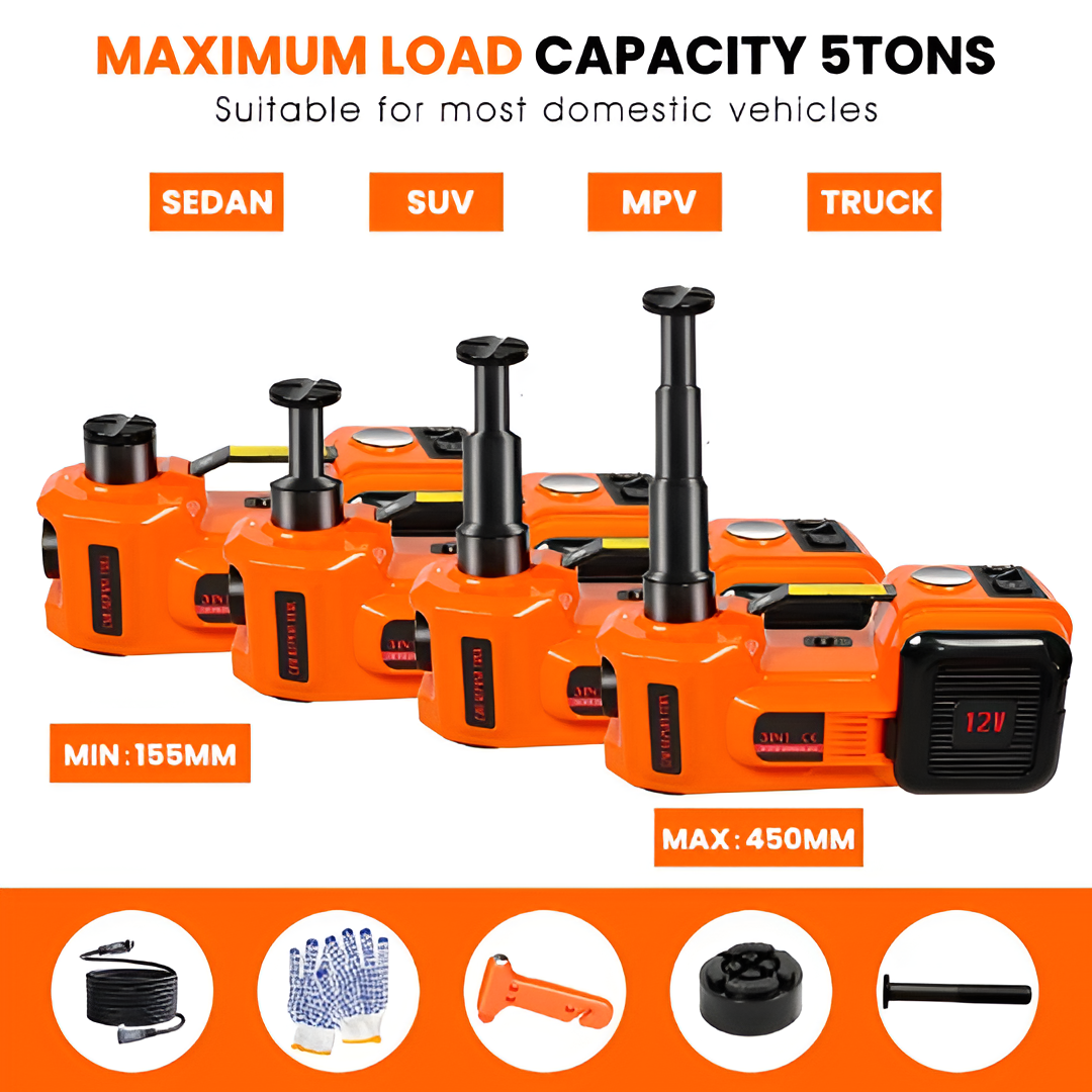 Electric Car Jack Kit (5 Ton) with Impact Wrench, Inflator & LED Light