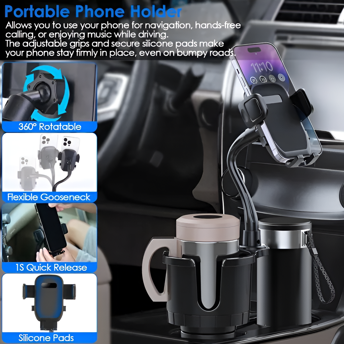 2-in-1 Car Cup & Phone Holder with 360° Rotating Gooseneck