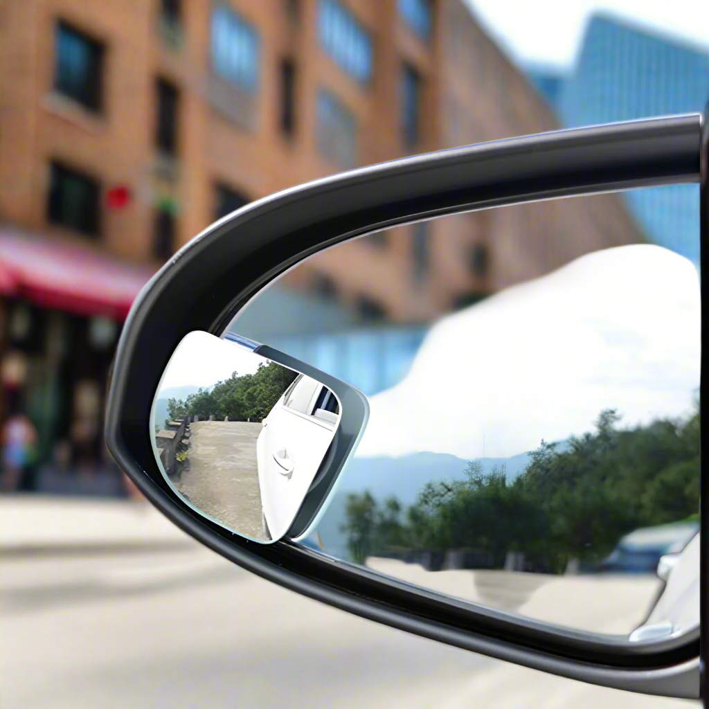 Car side mirror with a small additional mirror attached to it.