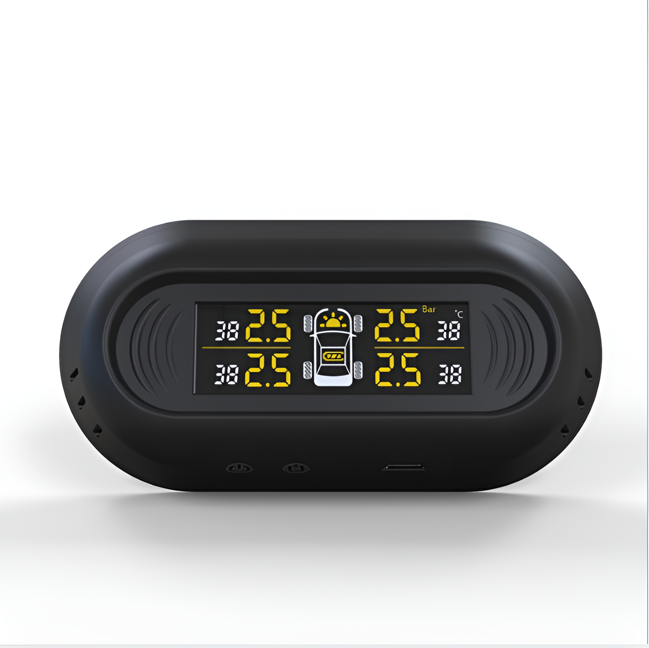 Black digital tire pressure monitor on a white background