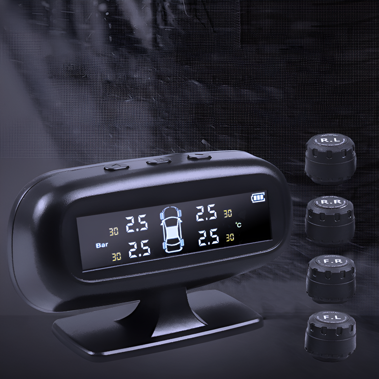 Car tire pressure monitoring system with digital display and small round sensors on a dark background