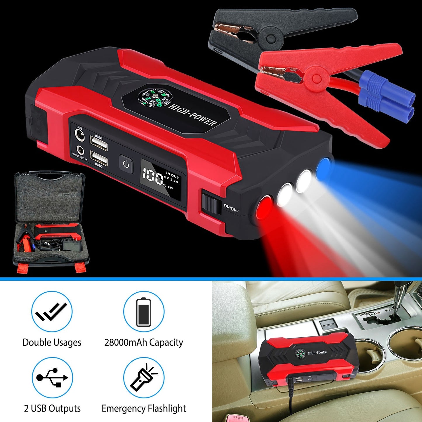 Car Jump Starter Booster – 800A Peak 28000mAh | 12V Battery Charger