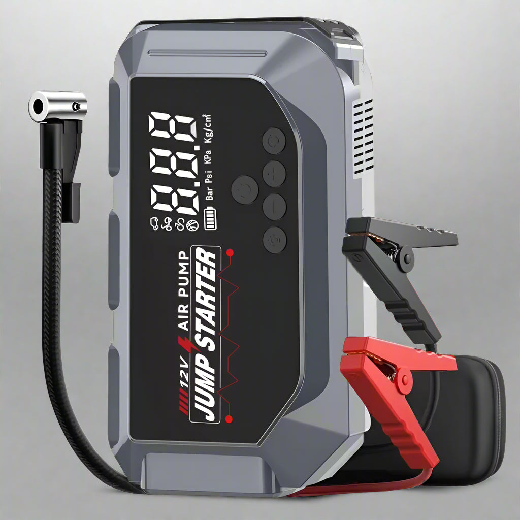 Multifunctional jump starter and air pump with digital display on a white background