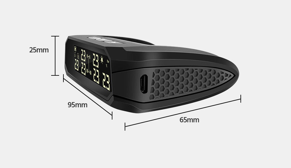Black car air pressure monitor with dimensions on a white background