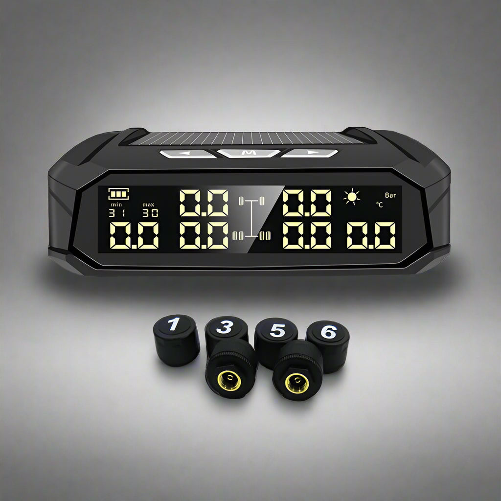 Car tire pressure monitoring system with digital display and valve caps on a white background
