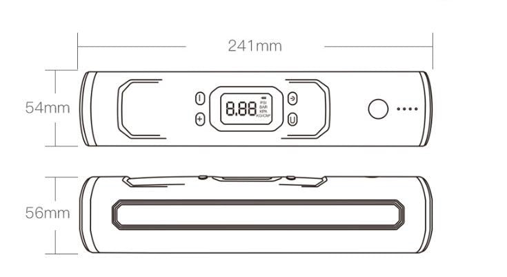 Technical drawing of a device with dimensions labeled
