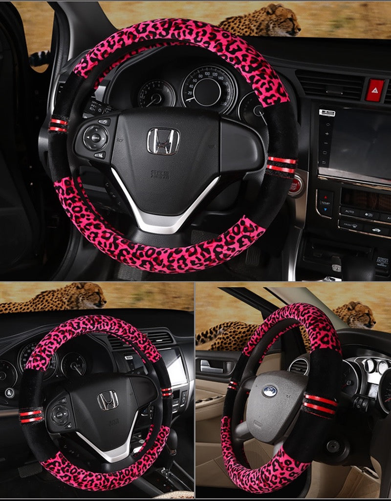 Winter Plush Steering Wheel Cover – Leopard Grain (38cm)