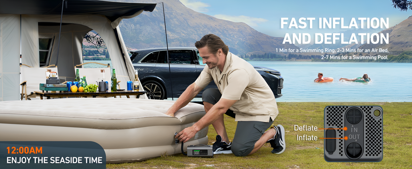Man setting up an inflatable pool with a boat and mountains in the background