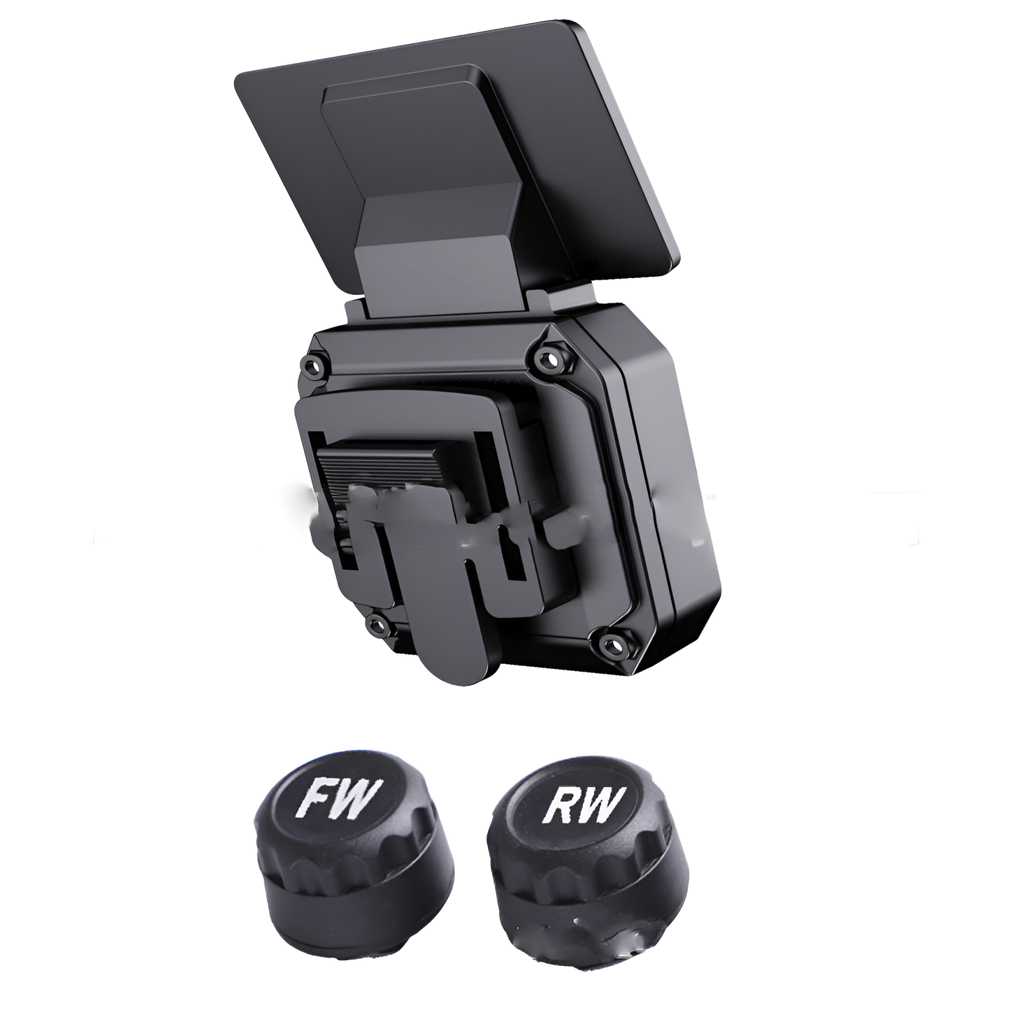 Black vehicle hitch receiver with 'FW' and 'RW' knobs on a white background