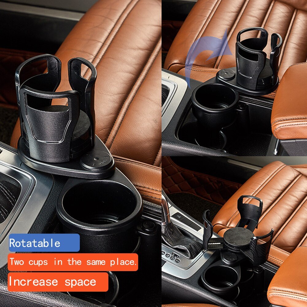 2-in-1 Rotatable Car Cup Holder Organizer, Dual Cup Mount with Storage Slots
