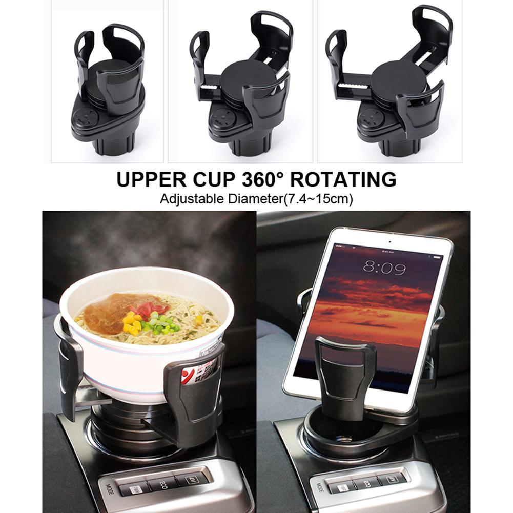 2-in-1 Rotatable Car Cup Holder Organizer, Dual Cup Mount with Storage Slots