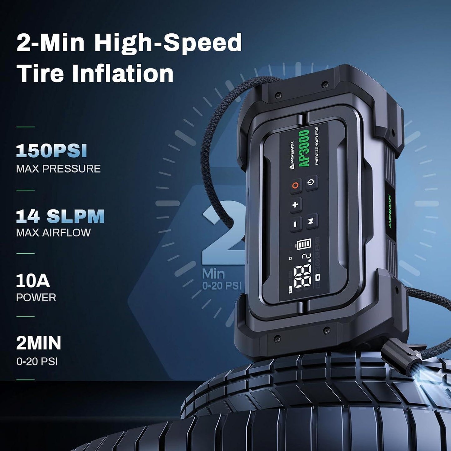 AP3000 Multi-Function Car Jump Starter with Air Compressor – 3000A, 150 PSI