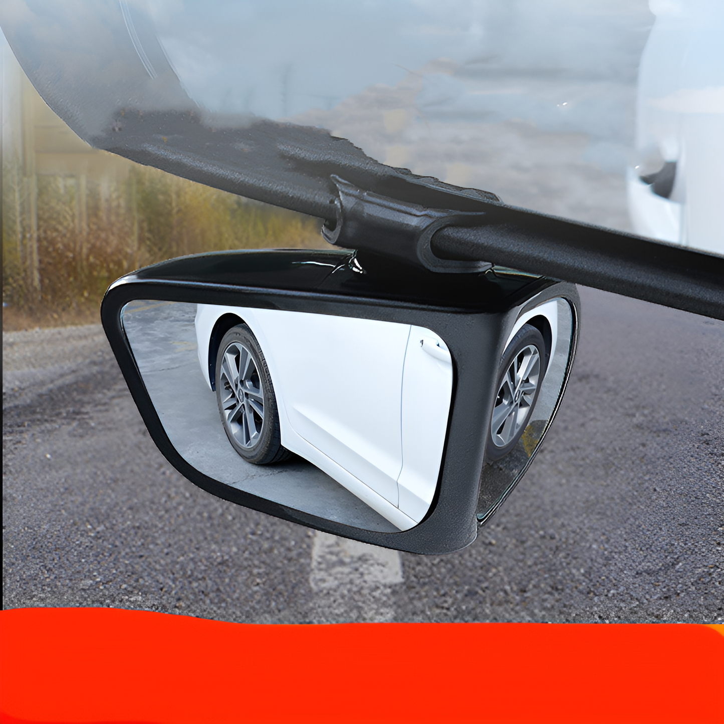 Car side mirror with a clear view of a white car on a road
