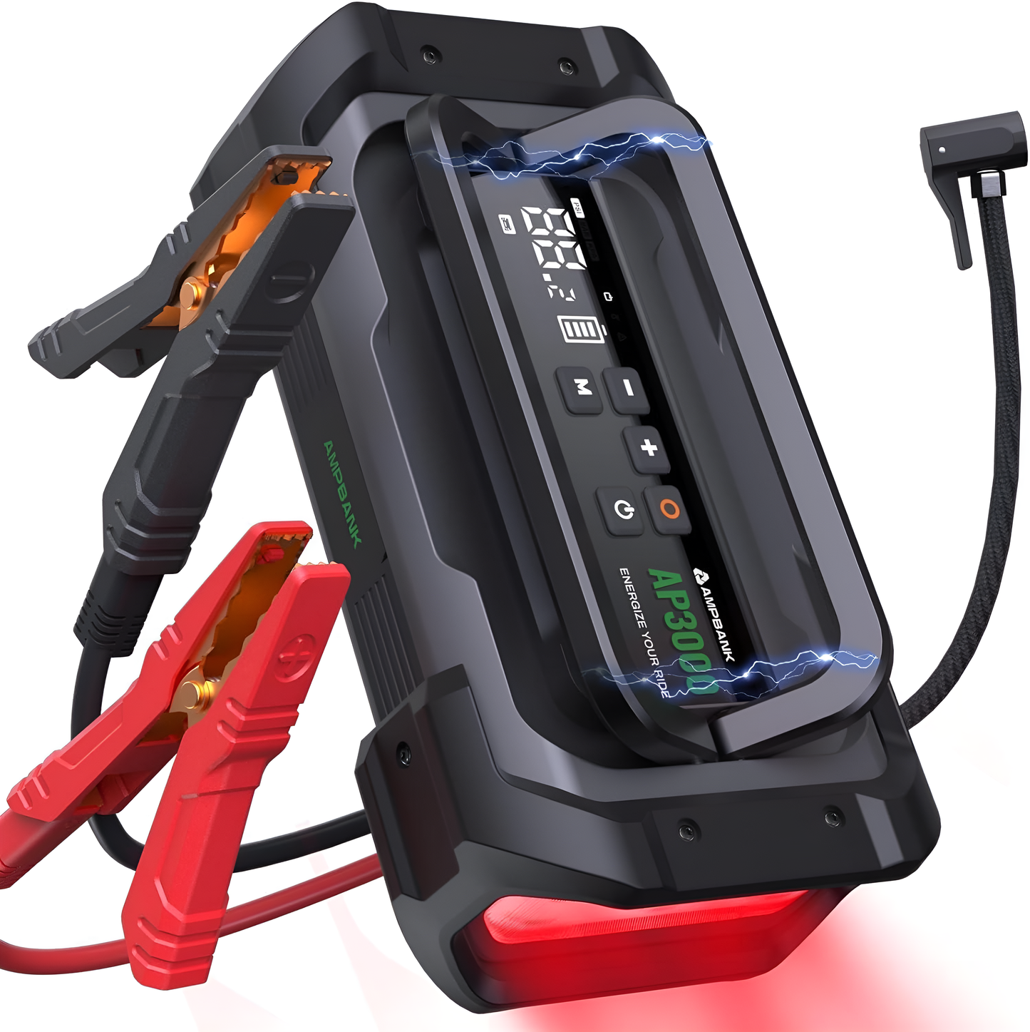 Black and red jump starter with digital display on a white background