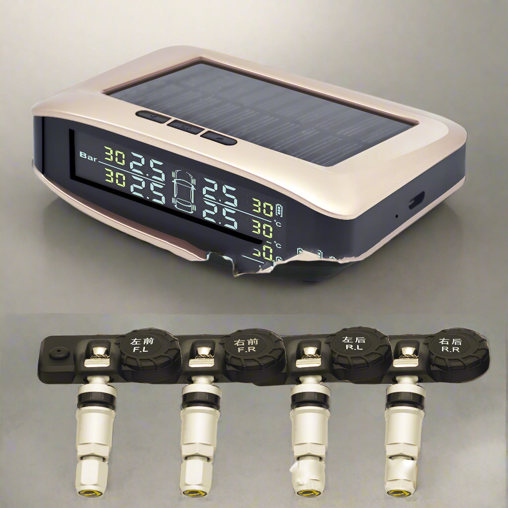 Digital tire pressure monitor with solar panel and multiple nozzles on a white background