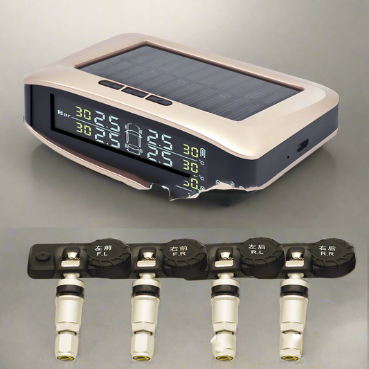 Digital tire pressure monitor with solar panel and multiple nozzles on a white background