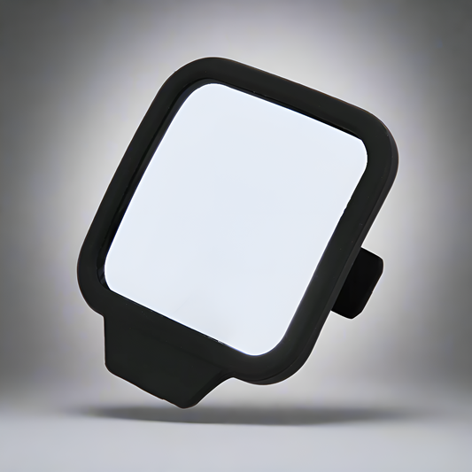 Black square mirror with rounded edges on a gray background