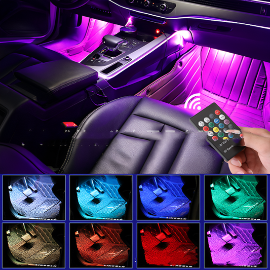 Car interior with LED lights and a remote control, showing various color options.