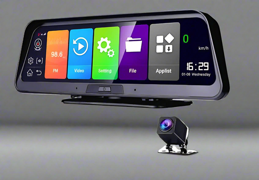 Car dashboard camera with touchscreen display and small external camera on a white background