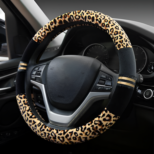 Steering wheel cover with leopard print design on a car steering wheel