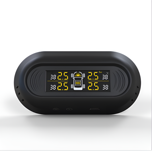 Black digital tire pressure monitor on a white background