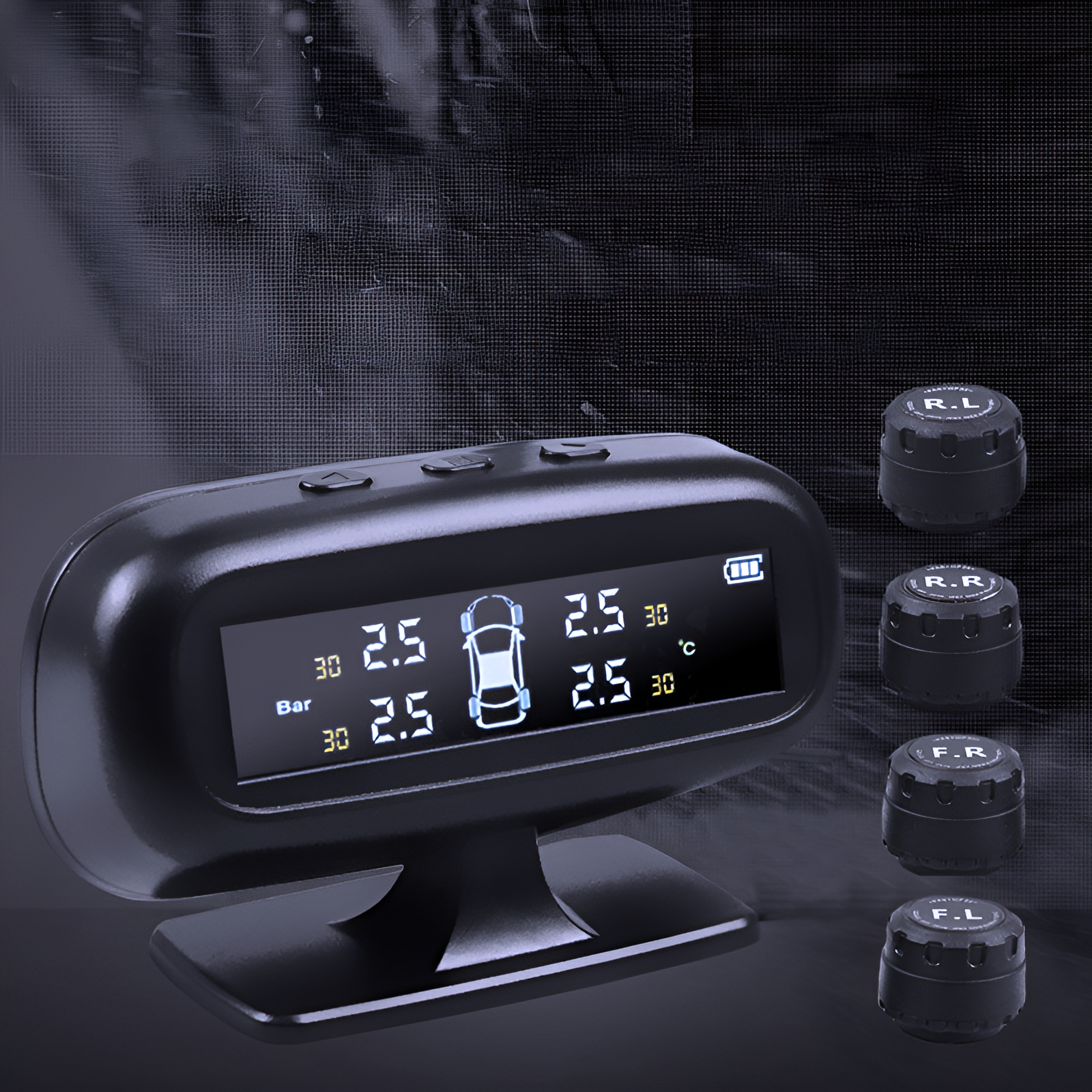 Car tire pressure monitoring system with digital display and small round sensors on a dark background