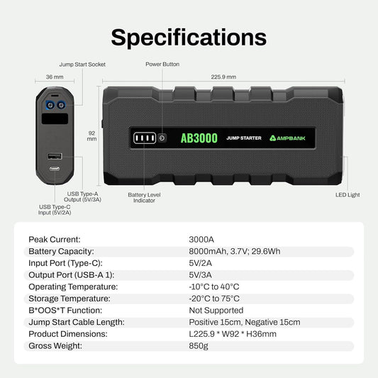3000A Portable Car Jump Starter – Compact, Safe & Multi-functional