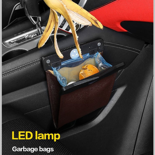 LED Leather Car Trash Can & Organizer – Hanging Vehicle Storage Bin