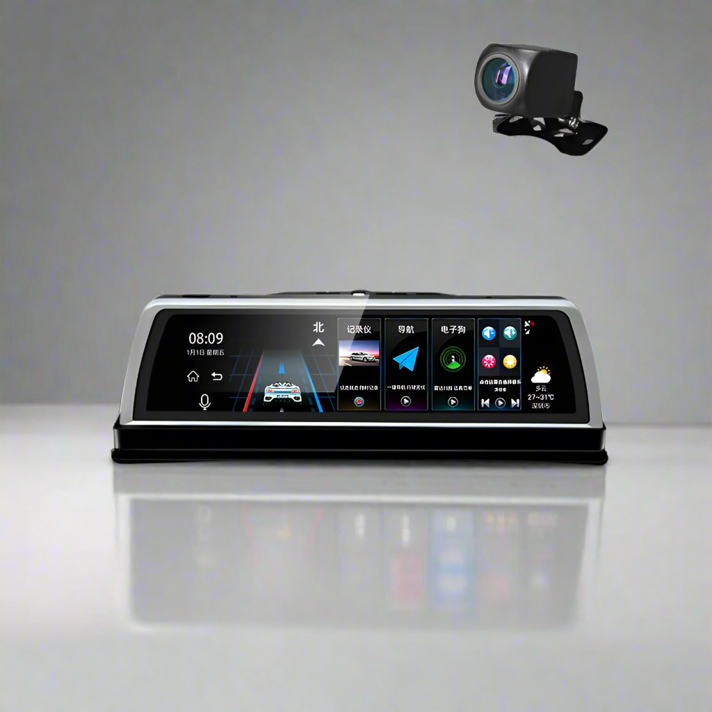 Car dashboard camera with display and microphone on a white background