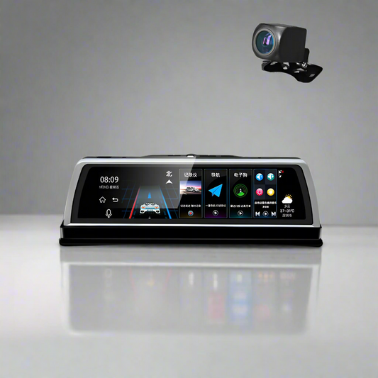 Car dashboard camera with display and microphone on a white background