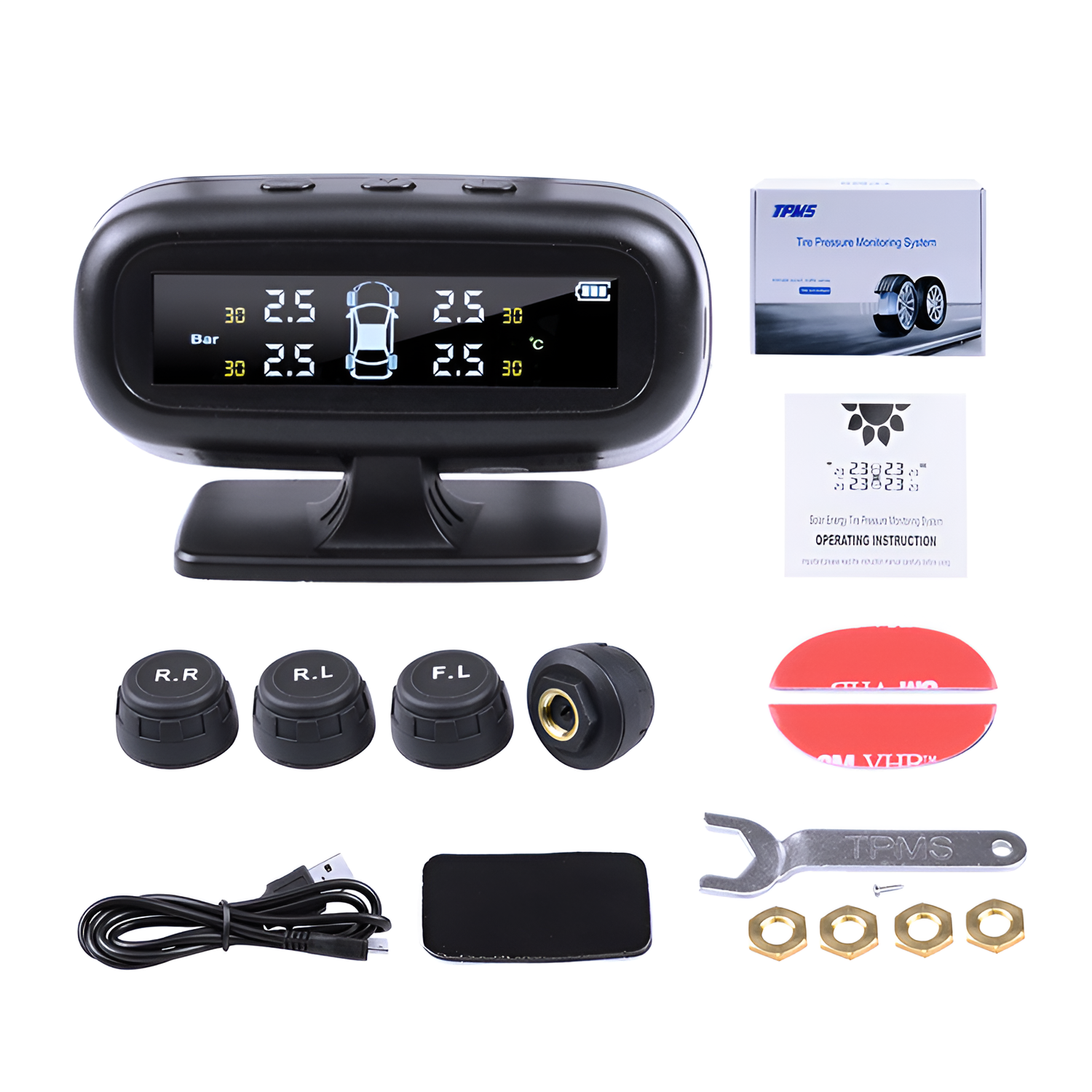 TPMS (Tire Pressure Monitoring System) with accessories on a white background