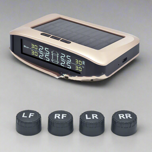 Tire pressure monitoring system with solar panel and four pressure sensors on a white background
