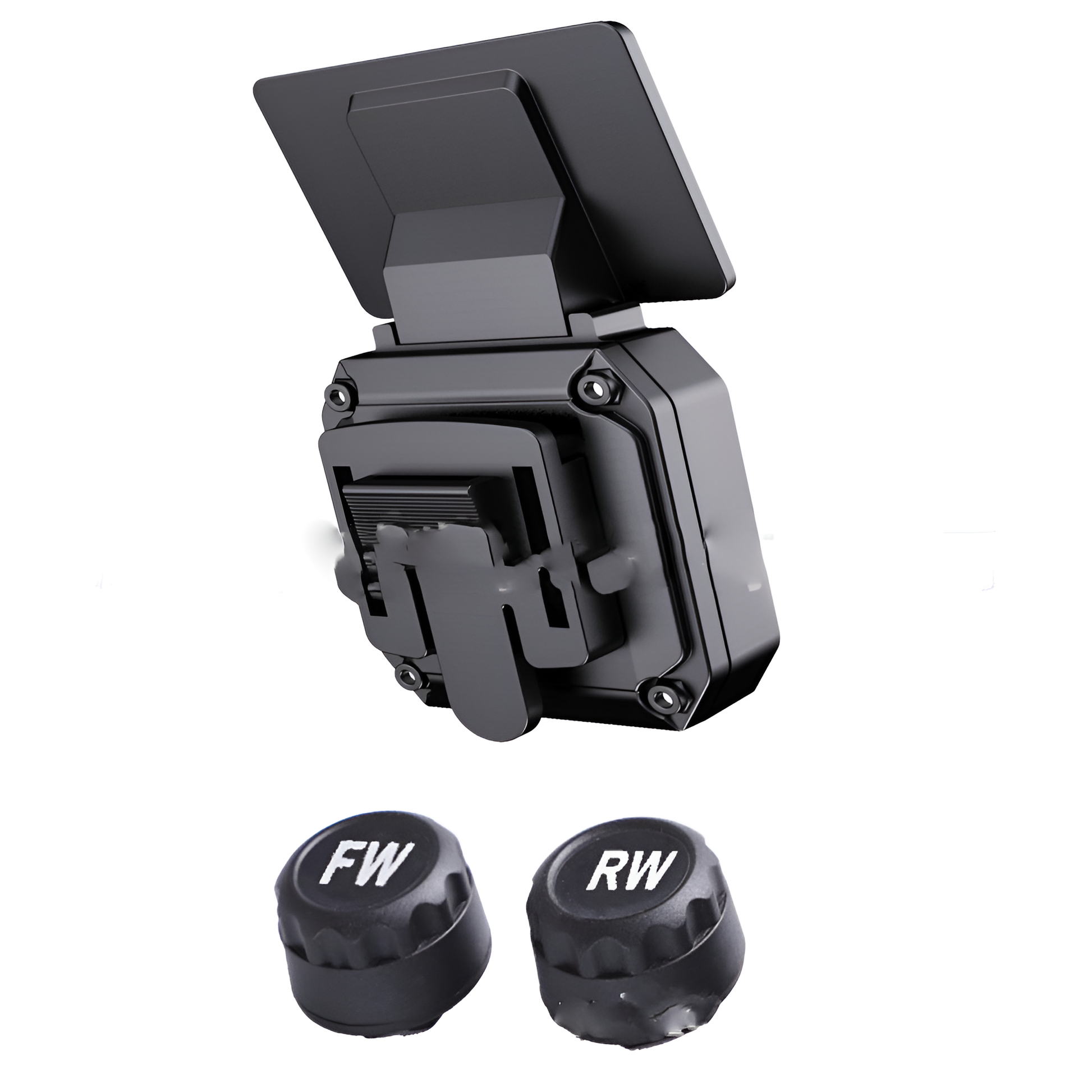 Black vehicle hitch receiver with 'FW' and 'RW' knobs on a white background