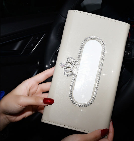 Rhinestone Sun Visor Tissue Box – PU Leather with Crown Diamond Design