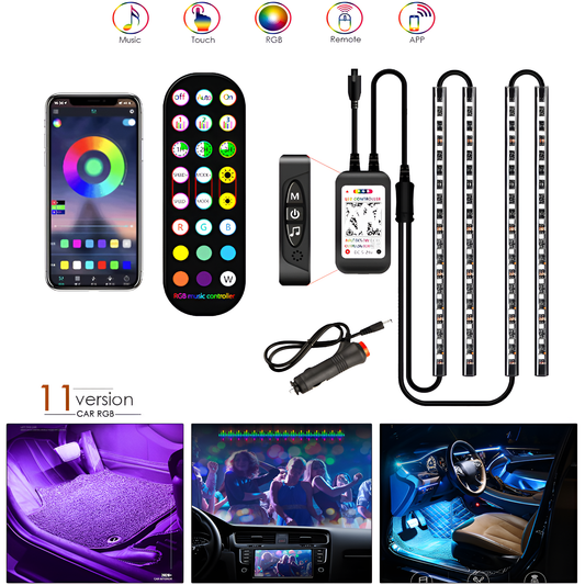 Car RGB lighting kit with smartphone app, remote control, and LED strips on a white background.