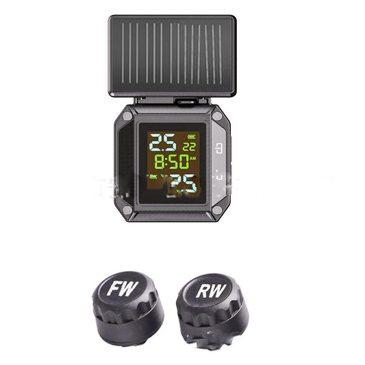 Digital tire pressure monitor with solar panel and wireless sensors on a white background