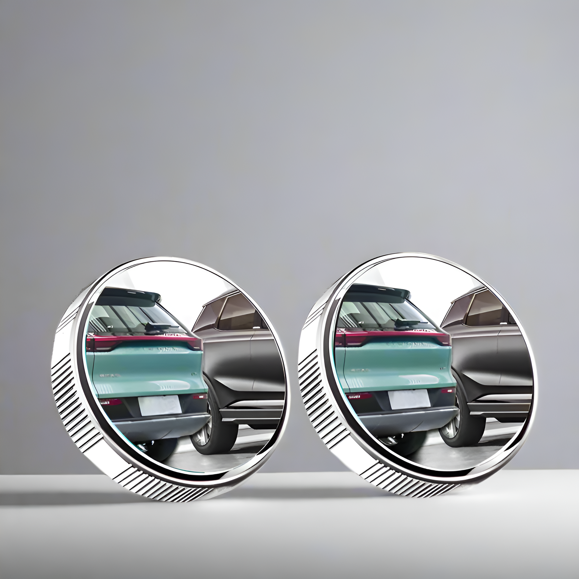 Two circular mirrors showing reflections of a car on a gray background