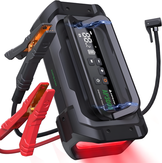 Black and red jump starter with digital display on a white background